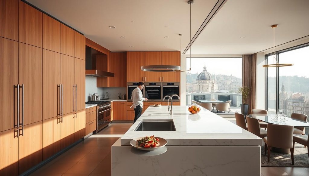 A luxurious, bespoke kitchen in Lyon, France, designed by the acclaimed brand Kitchen Prestige. The spacious, sun-drenched room features sleek, custom-crafted cabinetry in warm, natural tones, complemented by gleaming stainless-steel appliances and a large, marble-topped island. Soft, diffused lighting bathes the space, creating a welcoming ambiance. In the foreground, a skilled chef prepares a delectable dish, showcasing the kitchen's superior functionality. The middle ground displays elegant dining furniture, while the background reveals sweeping views of the historic city skyline. This image captures the beauty, precision, and timeless elegance of a truly bespoke Kitchen Prestige culinary sanctuary.