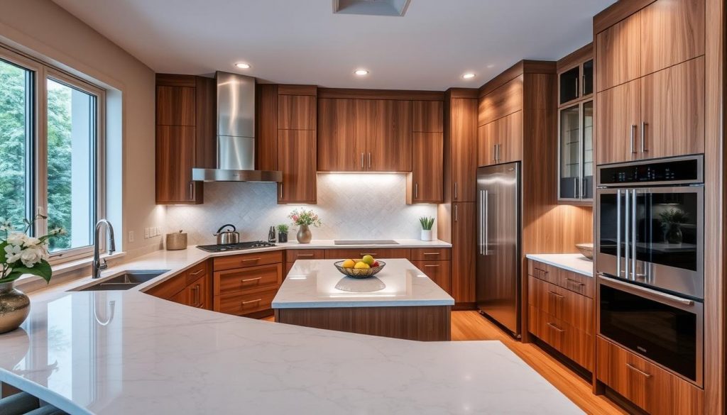 A luxurious, custom-designed kitchen from "Kitchen Prestige" nestled in a warm, inviting space. Sleek, handcrafted cabinetry in rich, natural wood tones complements the elegant quartz countertops, creating a harmonious balance. Soft, directional lighting casts a gentle glow, accentuating the meticulous attention to detail. A large, central island serves as the heart of the kitchen, offering ample prep space and integrated storage. High-end, integrated appliances blend seamlessly into the design, showcasing the pinnacle of culinary functionality. The overall atmosphere exudes sophistication and personalized style, reflecting the owner's discerning taste.