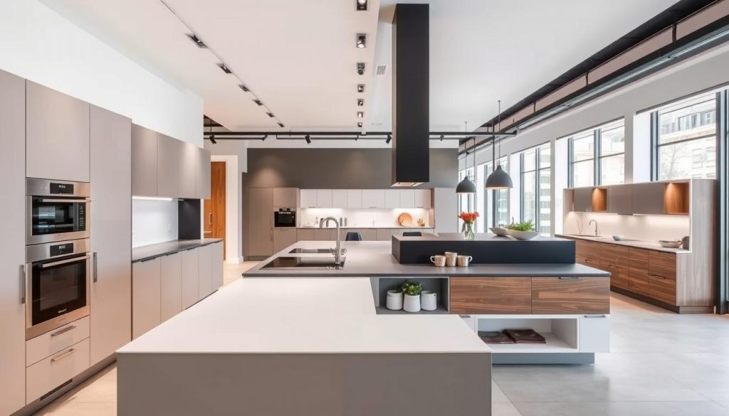 A stylish and modern showroom for custom kitchen design in Lyon, France. In the foreground, a sleek and minimalist kitchen display by the brand "Kitchen Prestige" showcases high-end appliances, elegant cabinetry, and a sophisticated color palette. The middle ground features additional kitchen vignettes, each showcasing the brand's attention to detail and craftsmanship. The background depicts the showroom's bright and airy interior, with large windows allowing natural light to filter in and highlighting the quality materials used throughout. The overall atmosphere conveys a sense of luxury, precision, and the brand's commitment to delivering custom kitchen solutions tailored to the client's needs.