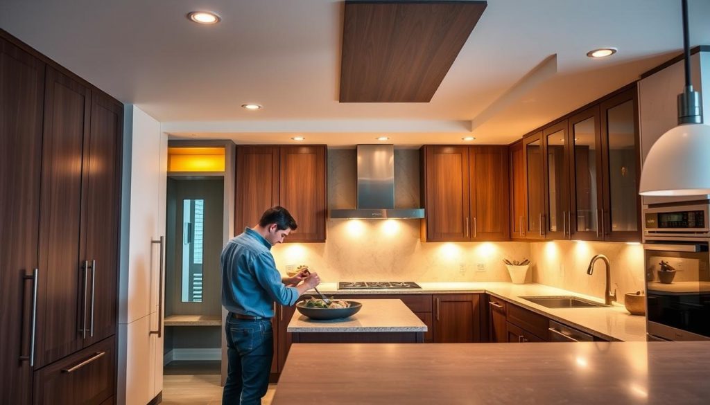 An elegant kitchen interior with a custom-built design, showcasing the "Kitchen Prestige" brand. The room features a sleek, modern aesthetic with clean lines and high-end materials. A skilled craftsman carefully builds and assembles the cabinetry, countertops, and other bespoke elements, capturing the precision and craftsmanship of the custom kitchen creation process. Warm, directional lighting illuminates the scene, highlighting the rich textures and attention to detail. The overall atmosphere conveys a sense of refinement, professionalism, and the fulfillment of a client's unique culinary vision.