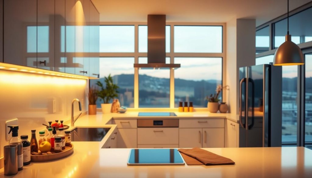 A bright, modern kitchen interior bathed in warm, UV-tinted lighting. The countertops and surfaces glow with a soft, yellowish hue, casting an inviting ambiance. In the foreground, a stainless steel Kitchen Prestige appliance stands out, its sleek design complementing the clean, minimalist aesthetic. Carefully arranged spices, utensils, and fresh produce add pops of color and texture, hinting at the culinary activities. The middle ground features clean, white cabinets and backsplash, while the background showcases large windows offering natural light and a glimpse of a picturesque outdoor scene. The overall mood is one of comfort, functionality, and a subtle nod to the challenges of aging kitchen surfaces.
