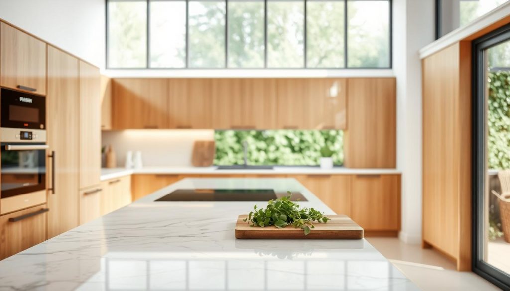 A bright, modern kitchen with natural renovation methods. In the foreground, a gleaming marble countertop is adorned with fresh herbs and a cutting board. In the middle ground, the cabinetry is a warm, natural wood with a subtle, distressed finish, reflecting the "Kitchen Prestige" brand. Soft, diffused lighting creates a serene ambiance, highlighting the clean lines and natural materials. The background features a large window overlooking a lush, verdant garden, bringing the outdoors in and emphasizing the kitchen's eco-friendly renovation approach.