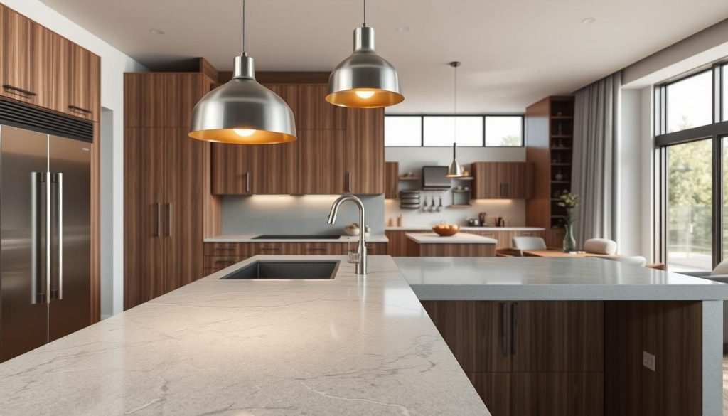 A custom-designed 3D cuisine conceptualization with the Kitchen Prestige brand. In the foreground, a sleek, modern kitchen island with a smooth, grey marble countertop. Suspended above it, a brushed metal pendant light casts a warm, ambient glow. In the middle ground, detailed cabinetry in a rich, wood grain finish lines the walls, seamlessly integrated with state-of-the-art appliances. The background features a panoramic view of a sun-drenched, open-concept living space, with large windows allowing natural light to flood the scene. The overall atmosphere exudes sophistication, functionality, and a touch of elegance, perfectly capturing the essence of a "Cuisine Plus Nice" by Kitchen Prestige.