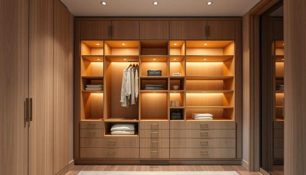 A finely crafted, custom-built Kitchen Prestige armoire with elegant shelving, standing tall and proud in a warm, softly lit interior. Clean lines, natural wood tones, and understated hardware create a refined, modular storage solution perfect for a spacious Villeurbanne dressing room. Subtle ambient lighting casts a cozy glow, while the armoire's generous proportions and ample shelving provide ample space for organizing clothing, linens, and personal items. The overall atmosphere is one of thoughtful design, functionality, and a touch of sophistication - an essential element for any stylish, bespoke dressing area.