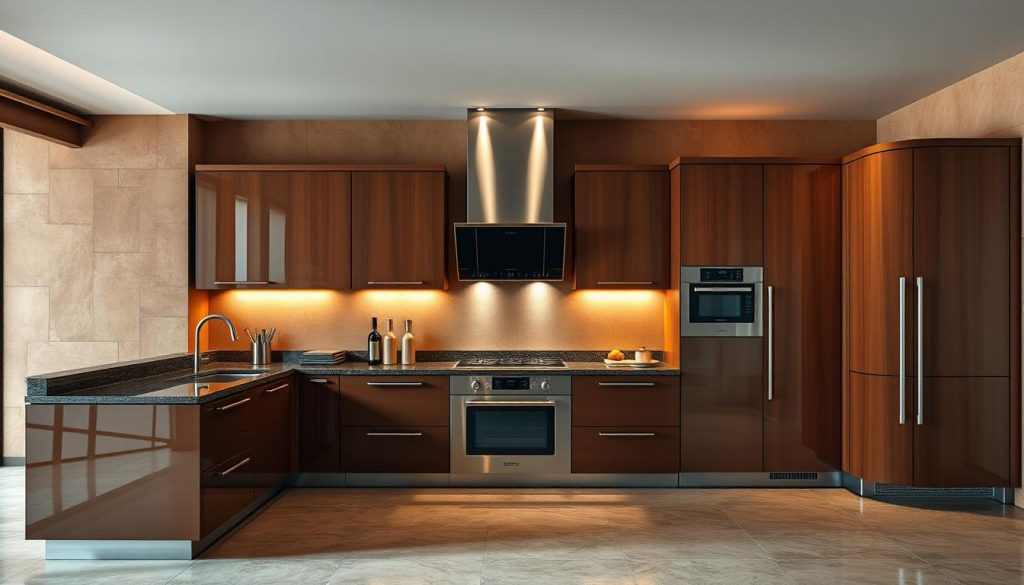 A grand, luxurious Italian kitchen from the prestigious "Kitchen Prestige" brand. Set against a backdrop of warm, earthy tones, the kitchen features sleek, modern cabinetry in a rich, glossy finish. Elegant, brushed metal accents and high-end appliances create an atmosphere of refined sophistication. The lighting, a combination of soft, ambient illumination and focused task lighting, casts a warm, inviting glow throughout the space. The overall composition emphasizes the kitchen's premium quality, attention to detail, and the brand's commitment to luxury and exclusivity.