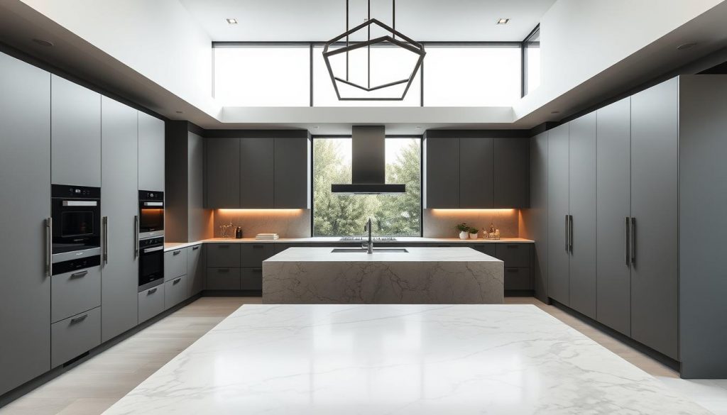 A high-end custom kitchen in a modern, minimalist design. In the foreground, sleek, handleless cabinets in a muted grey tone with a satin finish. Integrated appliances blend seamlessly into the sleek, monolithic facade. The middle ground features a large, statement island with a thick, grey-veined marble countertop, creating a focal point. Overhead, a modern, geometric light fixture with a matte black finish casts a warm, ambient glow. The background showcases floor-to-ceiling windows, allowing natural light to flood the space and offering a view of a tranquil outdoor setting. The overall atmosphere conveys a sense of understated elegance and sophistication, reflecting the "Kitchen Prestige" brand.