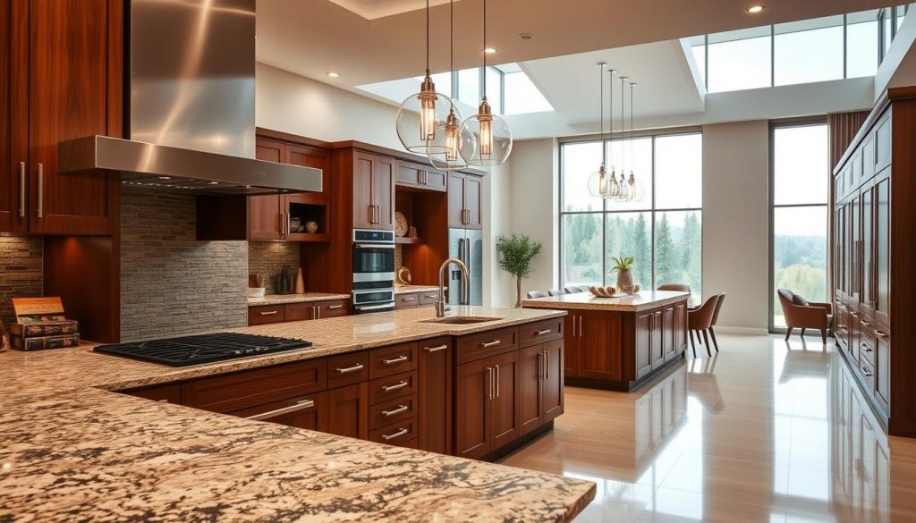 A high-end kitchen design with the brand "Kitchen Prestige" showcased in a luxurious setting. The foreground features gleaming stainless steel appliances, sleek granite countertops, and expertly crafted cabinets in a rich wood finish. The middle ground displays a spacious, open-concept layout with a central island and elegant pendant lighting. In the background, large windows flood the room with natural light, revealing a serene outdoor view. The overall atmosphere exudes sophistication, functionality, and attention to detail, capturing the essence of "Présentation de KITCHEN PRESTIGE".