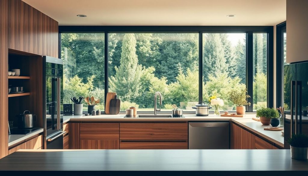 A kitchen interior, flooded with warm, natural light streaming through large windows. In the foreground, a sleek and minimalist Kitchen Prestige design featuring high-quality, durable materials like wood, stone, and stainless steel. The middle ground showcases a collection of sustainably sourced cooking utensils, appliances, and cookware, all harmoniously arranged. In the background, a verdant garden vista, hinting at the connection between the kitchen and the natural world. The overall atmosphere exudes a sense of timeless elegance, practicality, and environmental consciousness, reflecting the importance of designing a kitchen that can withstand the test of time.