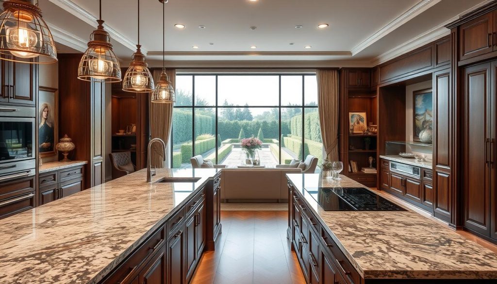 A lavish, impeccably-designed Kitchen Prestige showroom, showcasing the epitome of luxury cuisine. The foreground features a sleek, meticulously-crafted kitchen island with gleaming granite countertops and state-of-the-art appliances. Elegant pendant lights cast a warm, soft glow, accentuating the rich, wood-paneled cabinets and high-end hardware. In the middle ground, a large window offers a picturesque view of a serene, manicured garden, infusing the space with natural light and a sense of tranquility. The background is adorned with tasteful artwork and luxurious furnishings, creating an atmosphere of refined sophistication. The overall scene exudes an air of impeccable attention to detail, showcasing Kitchen Prestige's expertise in designing bespoke, high-end culinary environments.