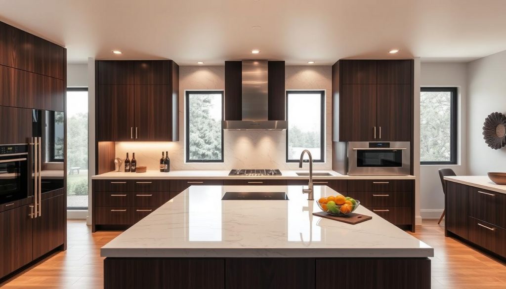 A luxurious, custom-designed Kitchen Prestige kitchen in a contemporary, minimalist style. The sleek, handleless cabinets in a rich, dark wood tone are complemented by a striking, white stone countertop that flows seamlessly into a matching backsplash. Recessed lighting casts a warm, ambient glow, while large windows flood the space with natural light, creating a bright and airy atmosphere. High-end, stainless steel appliances are seamlessly integrated, showcasing the kitchen's exceptional craftsmanship and attention to detail. The overall impression is one of sophisticated elegance and bespoke luxury.