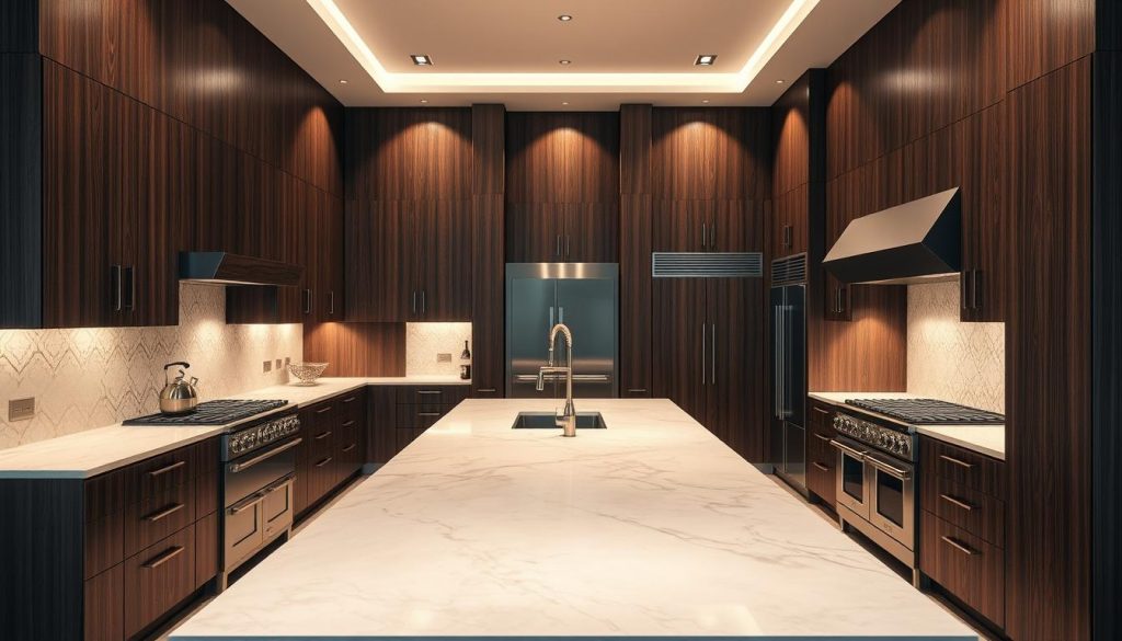 A luxurious, custom-designed kitchen in a high-end, modern interior. Sleek, minimalist cabinets in a rich, dark wood finish, complemented by brushed metal hardware. A large, central island with a seamless, marble countertop serves as the focal point, bathed in warm, directional lighting that casts dramatic shadows. The backsplash features intricate, custom tilework that adds visual interest. Stainless steel, state-of-the-art appliances from Kitchen Prestige are integrated seamlessly into the design. The room is filled with an atmosphere of sophistication and exclusivity.
