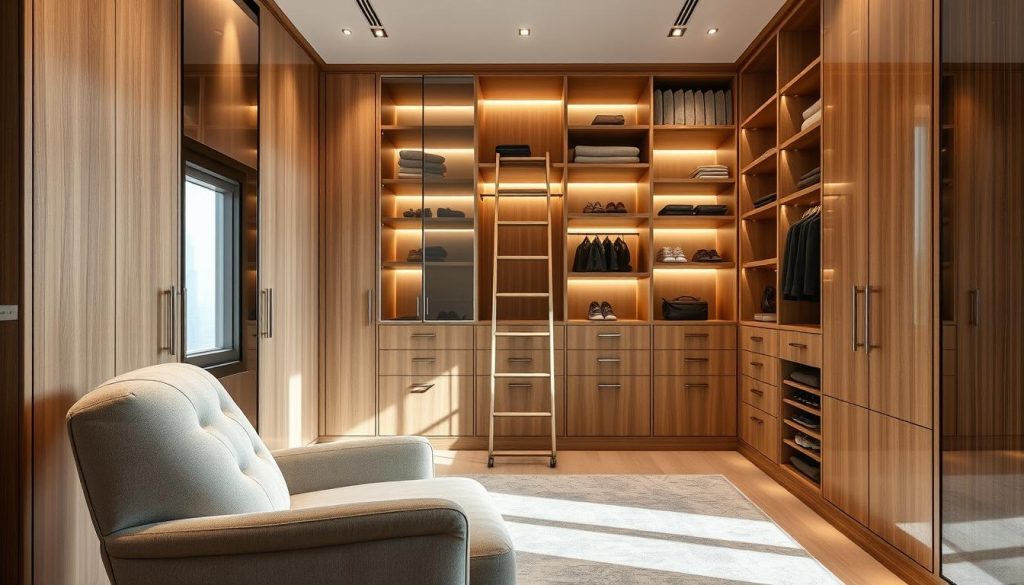 A luxurious, custom-made walk-in wardrobe from the "Kitchen Prestige" collection. Sleek, minimalist design with polished wood cabinetry and brushed metal accents. Soft, warm lighting illuminates the meticulously organized shelves and drawers. A full-length mirror reflects the elegant space, creating a sense of depth and grandeur. In the foreground, a plush, tufted armchair invites the viewer to admire the bespoke craftsmanship. The mid-ground features a rolling library ladder, adding a touch of sophistication. The background showcases a panoramic window, allowing natural light to flood the airy, luxurious interior. The overall atmosphere exudes a refined, high-end ambiance suited for a premium bedroom suite.
