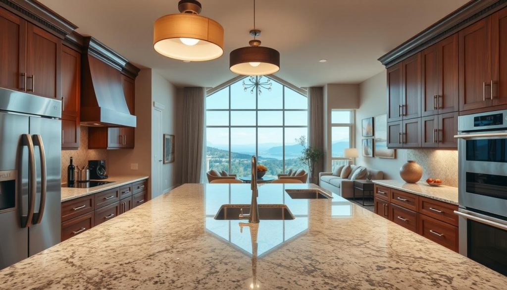 A luxurious, high-end Kitchen Prestige kitchen set in a warm, inviting space. The kitchen features premium stainless steel appliances, sleek granite countertops, and custom hardwood cabinetry with brushed nickel hardware. Overhead, a modern pendant lighting fixture casts a soft, ambient glow. In the foreground, a large kitchen island with bar seating provides a communal gathering space. The middle ground showcases a large window overlooking a picturesque outdoor scene, flooding the room with natural light. The background is a tastefully decorated open-concept living area, creating a harmonious, welcoming atmosphere for entertaining.