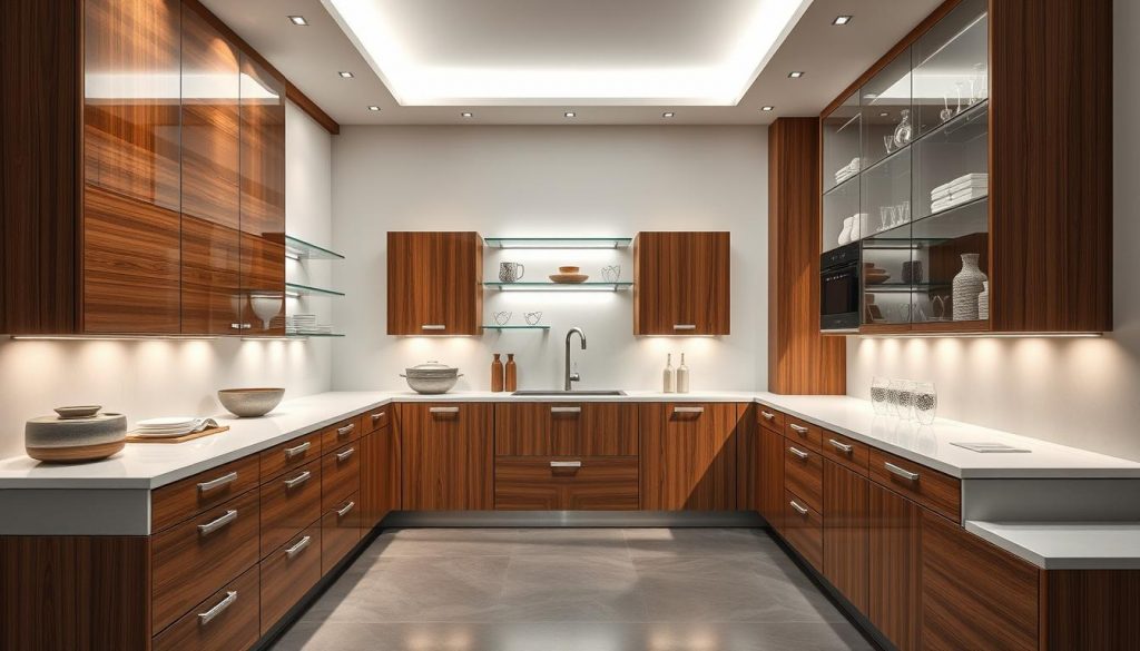A luxurious high-end kitchen storage solutions display in a well-lit, modern setting. Sleek and stylish cabinets, drawers, and shelves crafted from premium materials like polished wood, brushed steel, and glass. The arrangement showcases a harmonious blend of function and aesthetic, with meticulous attention to detail. Soft, directional lighting highlights the premium finishes and accentuates the minimalist, high-end design. The layout creates a sense of sophistication and exclusivity, reflecting the "Kitchen Prestige" brand ethos. The overall mood is one of refined elegance and aspirational luxury.