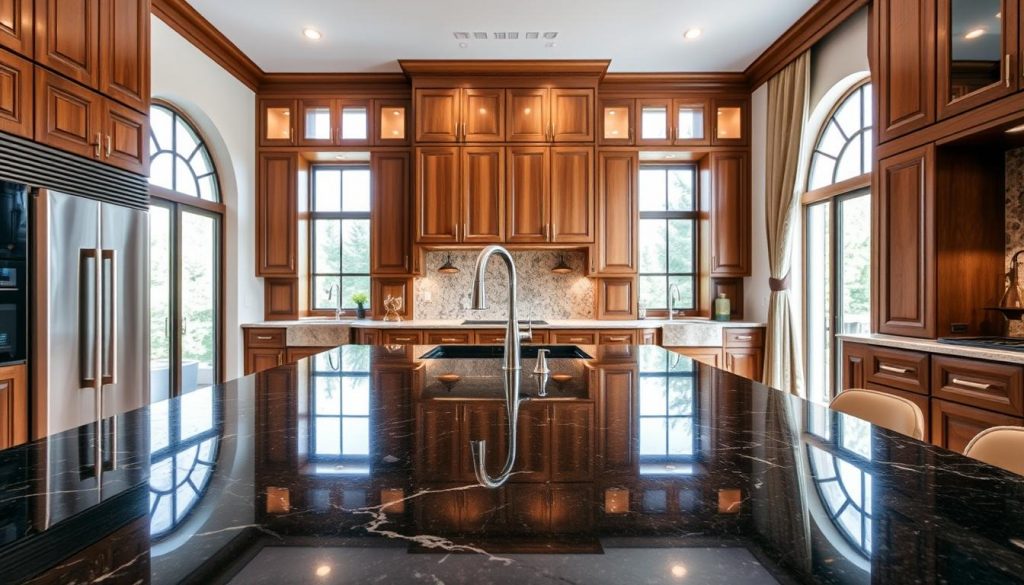 A luxurious kitchen design with custom-crafted materials and noble finishes. In the foreground, a sleek and seamless island countertop made of glossy, dark marble or granite, reflecting the warm lighting above. The middle ground showcases elegant cabinetry in a rich, wood grain finish, complemented by polished chrome or brass hardware. In the background, large windows allow natural light to flood the space, creating a bright and airy atmosphere. The overall design exudes an air of sophistication and exclusivity, befitting the "Kitchen Prestige" brand.