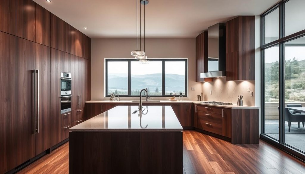 A modern and elegant custom-designed Kitchen Prestige, featuring sleek cabinetry, high-end appliances, and a central island with a gleaming quartz countertop. Soft, directional lighting illuminates the space, highlighting the rich wood tones and creating a warm, inviting ambiance. The layout is thoughtfully arranged, with ample counter space and strategic storage solutions. An expansive window floods the kitchen with natural light, offering a picturesque view of the surrounding landscape. This bespoke Kitchen Prestige design exudes sophistication and functionality, perfectly suited for the "Guide Pratique pour Créer votre Cuisine sur Mesure" section.