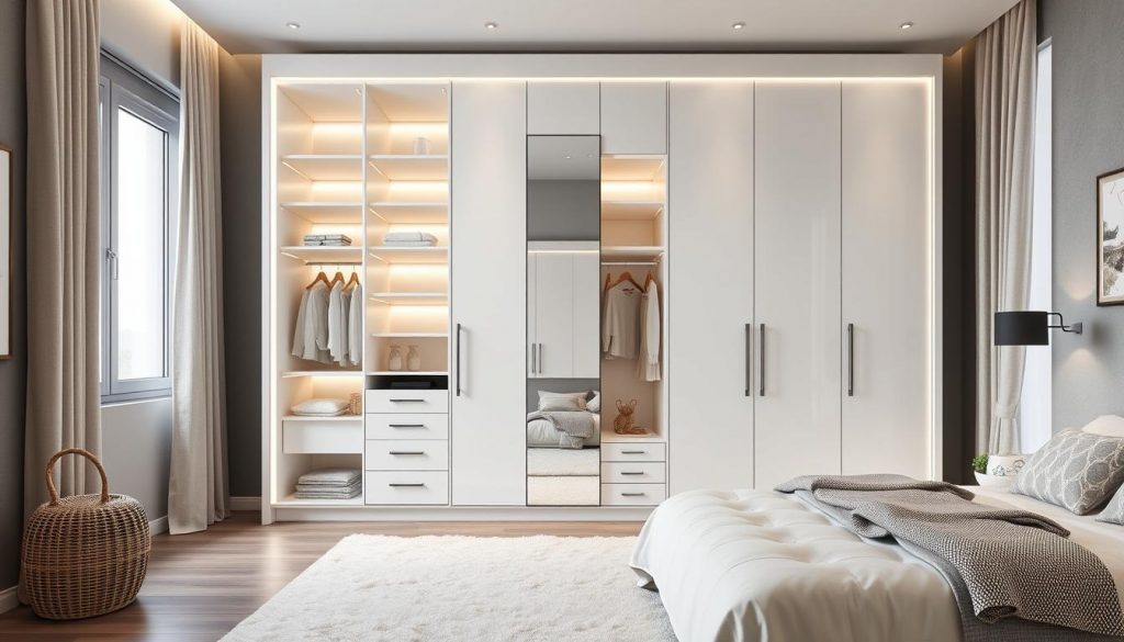 A modern, custom-designed bedroom wardrobe by Kitchen Prestige. A sleek, minimalist silhouette with clean lines and a glossy white finish. The wardrobe features integrated LED lighting, adjustable shelves, and a central mirrored panel. Soft, indirect lighting illuminates the interior, creating a warm, inviting ambiance. The wardrobe is positioned against a neutral gray wall, with a plush, ivory-colored rug underfoot. Subtle textures, such as a woven throw blanket and linen curtains, add depth and visual interest to the space. An oversized window floods the room with natural light, casting a soft, even glow throughout. The overall aesthetic is contemporary and refined, perfectly complementing the personalized storage solution.