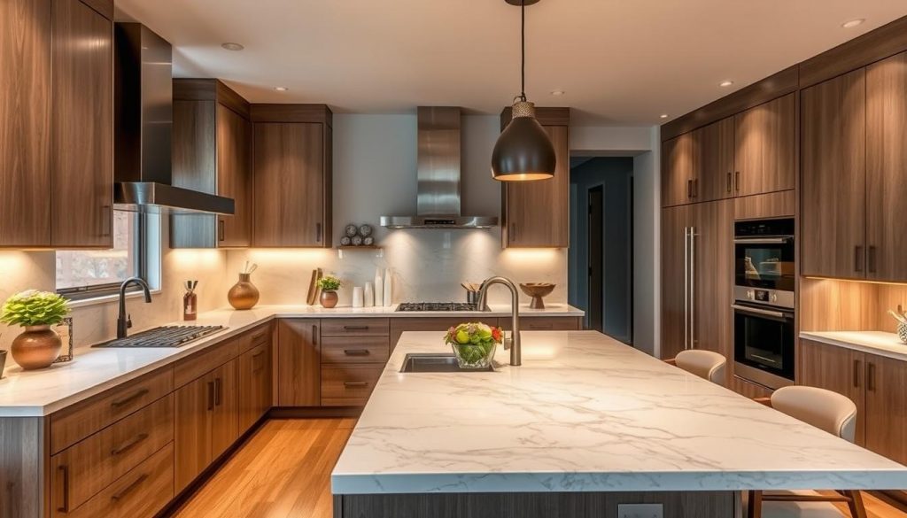 A modern, highly functional custom kitchen with optimized layout. An elegant, sophisticated design with clean lines and a blend of natural materials like wood and stone. The kitchen features a large central island with a solid marble countertop, providing ample workspace and seamless integration of appliances from leading brands like Kitchen Prestige. Warm, indirect lighting highlights the kitchen's focal points, creating a cozy, inviting atmosphere. The open, airy space is perfectly suited for both gourmet cooking and casual social gatherings. The overall impression is one of a bespoke, high-end kitchen tailored to the homeowner's unique needs and preferences.