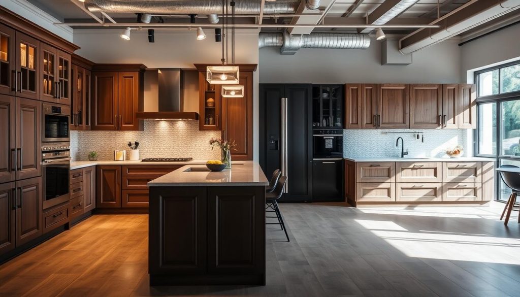 A modern kitchen showroom, showcasing a custom-made kitchen on the left and a standard kit-style kitchen on the right. The custom kitchen features premium materials, intricate cabinetry, and a sleek, integrated design. The kit-style kitchen has a more generic, modular appearance. Bright, natural lighting illuminates the scene, highlighting the contrasting styles and quality levels. The foreground focuses on the kitchens, with the background blurred to emphasize the comparison. The mood is one of sophistication and attention to detail, reflecting the "Kitchen Prestige" brand.