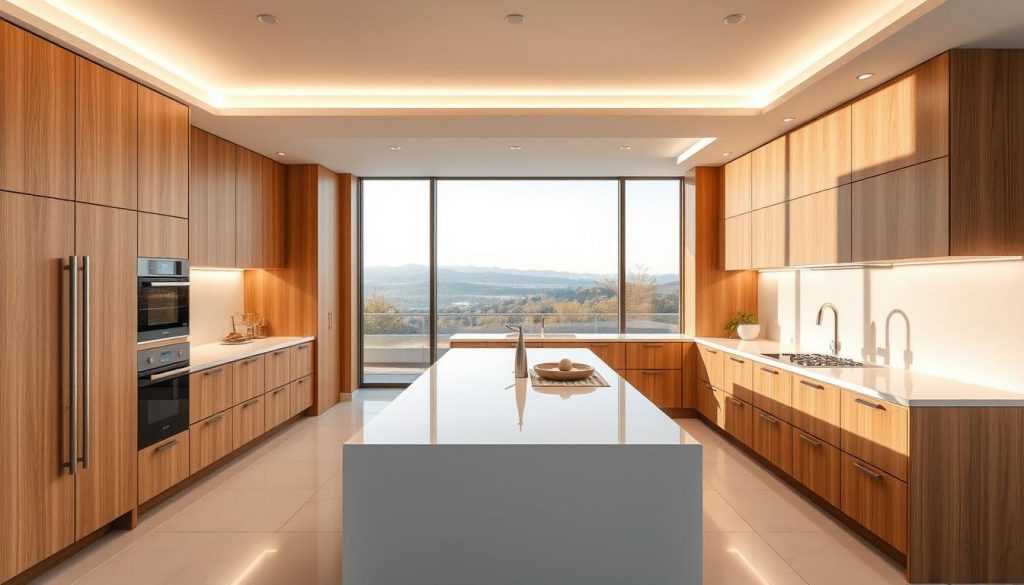 A modern, luxurious kitchen with a custom, bespoke design by Kitchen Prestige. The scene features a well-lit, airy space with sleek, minimalist cabinetry in warm, natural wood tones. Elegant quartz countertops reflect the soft, indirect lighting, while a large, central island serves as the focal point, inviting culinary exploration. High-end appliances seamlessly integrate into the design, creating a harmonious, functional flow. The mid-ground showcases a panoramic view through large, floor-to-ceiling windows, providing a serene, nature-inspired ambiance. Careful attention to detail and premium materials elevate this Kitchen Prestige kitchen to a true work of art.