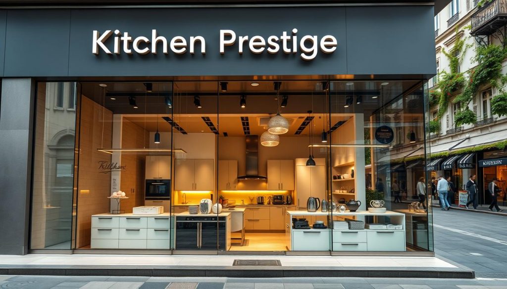 A modern, minimalist storefront with large glass windows, showcasing the "Kitchen Prestige" brand. The facade features clean lines, sleek metallic accents, and a subtle yet elegant sign. In the foreground, a well-curated display of high-end kitchen appliances and accessories catches the eye, arranged in a visually compelling manner. The middle ground highlights the store's contemporary interior design, with neutral tones, pendant lighting, and a sense of spatial harmony. The background reveals the bustling urban landscape of Villeurbanne, with charming architectural details and a vibrant, lively atmosphere. The overall scene conveys a sense of sophistication, quality, and a commitment to elevating the kitchen experience. Prompt