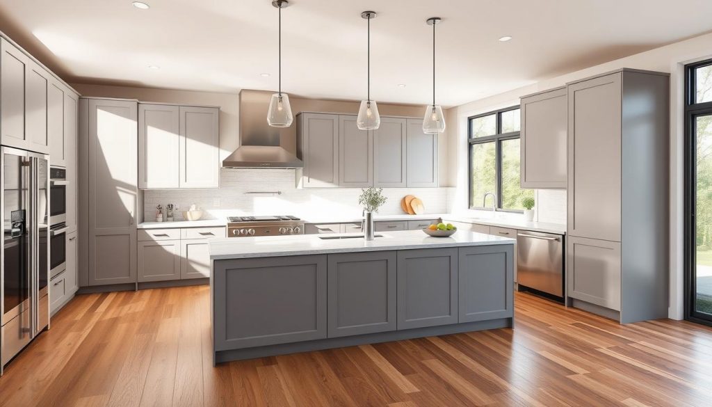 A modern, premium equipped kitchen with high-end materials. A spacious, well-lit kitchen featuring sleek cabinetry in a muted color palette, complemented by a large central island with a marble countertop. Stainless steel appliances, including a range, oven, and dishwasher, are seamlessly integrated. Abundant natural light streams through large windows, creating a bright and airy atmosphere. The layout is thoughtfully designed for optimal workflow and functionality. Hardwood floors, pendant lighting, and a mix of textures like stone and wood add warmth and sophistication. This Kitchen Prestige kitchen embodies the perfect blend of style and practicality.
