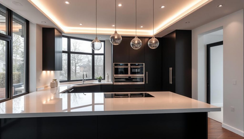 A modern, stylish kitchen with sleek, minimalist design. The countertops are a beautiful, white quartz, complemented by matte black cabinetry and metallic accents. Recessed lighting casts a warm, ambient glow, highlighting the clean lines and functional layout. A large, picture window floods the space with natural light, creating a bright, airy atmosphere. Elegant, pendant lights hang over a central island, adding a touch of sophistication. The overall design from Kitchen Prestige seamlessly blends form and function, resulting in a visually striking and highly practical cooking environment.