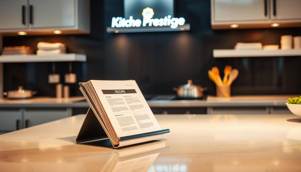 A pristine kitchen countertop, adorned with a sleek stainless steel recipe book stand, displaying a neatly organized collection of recipes. The lighting is warm and inviting, casting a gentle glow over the scene. In the background, the "Kitchen Prestige" brand name is prominently featured, indicating the premium quality of the kitchen equipment. The overall atmosphere conveys a sense of culinary professionalism and attention to detail, perfectly suited to illustrate the section on obtaining a technical specification for a luxury kitchen.