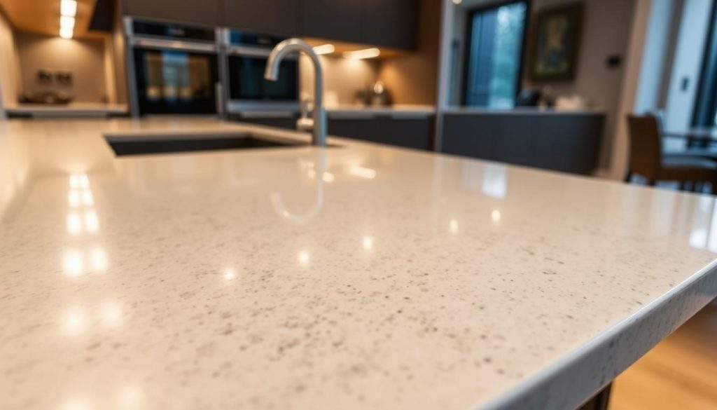 A sleek and sophisticated high-end kitchen worktop, crafted with precision by Kitchen Prestige. The surface is a seamless expanse of polished, premium-grade granite or quartz, reflecting the warm glow of soft, indirect lighting. The edges are meticulously finished, creating a clean, minimalist aesthetic. In the foreground, the worktop appears slightly angled, showcasing its depth and solidity. The middle ground reveals a modern, integrated sink and state-of-the-art appliances, while the background suggests a spacious, well-appointed kitchen interior with high-end cabinetry and fixtures. The overall scene conveys a sense of luxury, elegance, and attention to detail, perfectly suited for a high-end kitchen design.