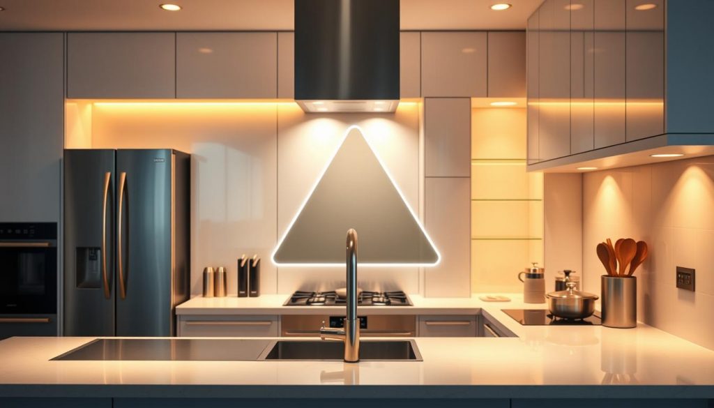 A sleek, modern kitchen interior with a prominent triangular arrangement of essential work zones - the sink, stove, and refrigerator, known as the "Kitchen Prestige ergonomic activity triangle". Bathed in warm, even lighting, the triangle is highlighted with a subtle glow, showcasing its functional and aesthetic significance. The countertops are made of a premium, light-colored material, reflecting the luxurious nature of the Kitchen Prestige brand. The overall composition emphasizes the importance of efficient workflow and ergonomic design in creating a high-end, user-friendly kitchen space.