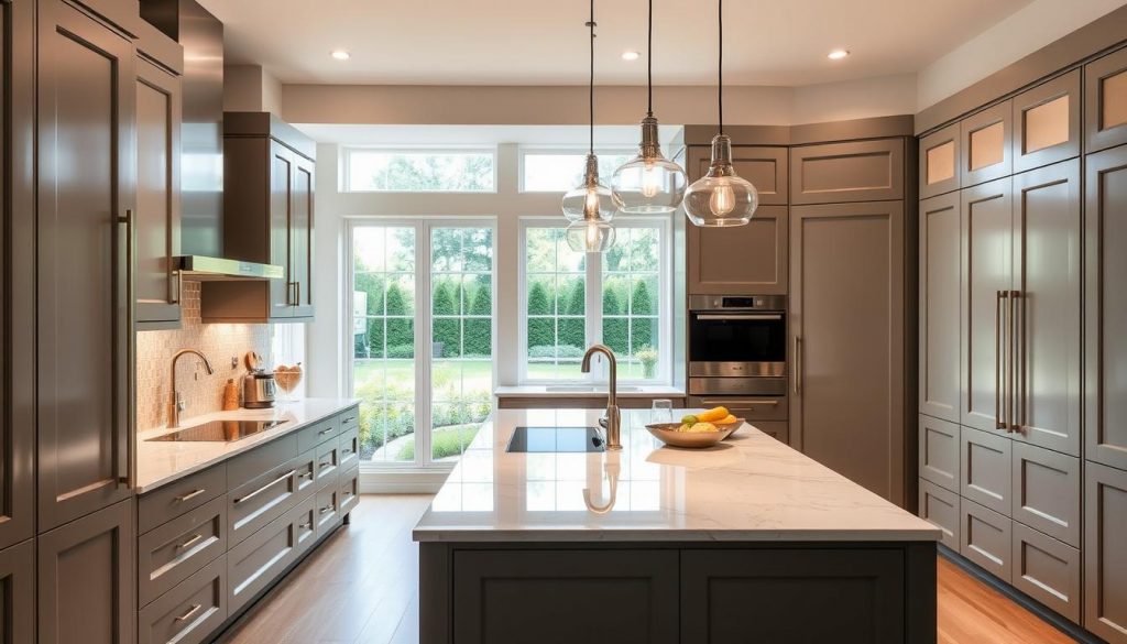 A sleek, modern kitchen with custom-designed cabinetry by Kitchen Prestige. The kitchen's centerpiece is a stunning marble-topped island, bathed in warm, natural lighting from large windows overlooking a garden. Elegant pendant lights hang above the island, casting a soft glow on the carefully curated culinary tools and appliances. The backsplash features a subtle, textured tile pattern that complements the light wood floors. The overall atmosphere exudes a sense of refinement and functionality, perfectly suited for the discerning homeowner who values a tailored, high-quality cooking space.