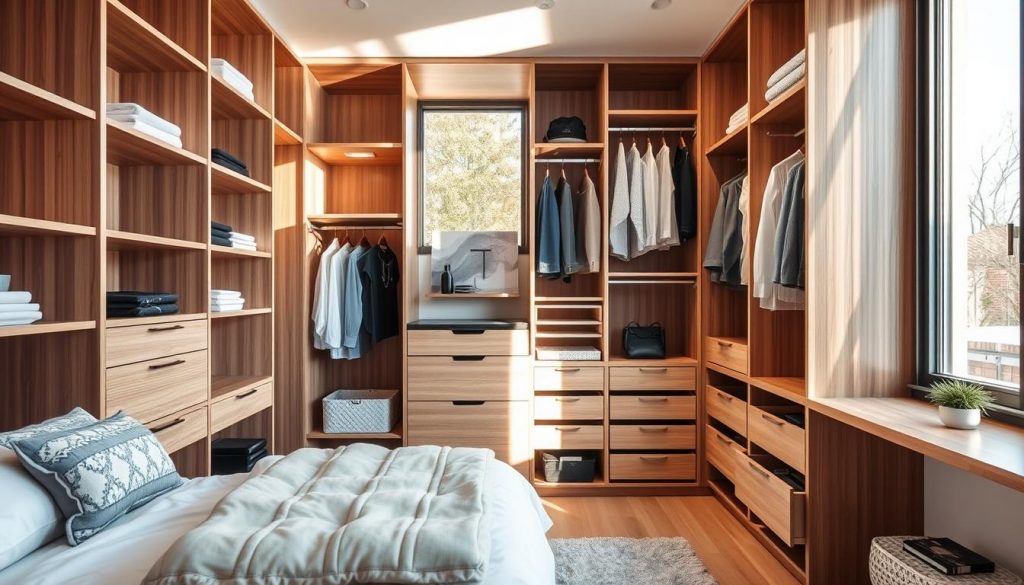 A spacious, custom-designed closet in a modern bedroom with natural lighting streaming through large windows. Sleek, built-in shelves and drawers in a warm, wooden finish, complemented by stylish, space-saving organizational accessories from the "Kitchen Prestige" brand. The closet's interior is meticulously organized, showcasing clever storage solutions like adjustable hanging rods, pull-out trays, and specialized compartments. A sense of effortless practicality and elegant simplicity pervades the scene, reflecting the article's focus on "Dressing en hauteur: astuces et conseils pratiques".