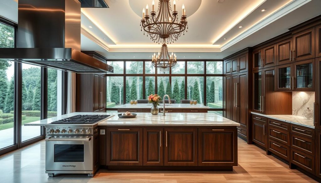 A stunning, luxurious kitchen interior with elegant, contemporary design elements. The foreground features a sleek, stainless steel professional-grade range and oven from the "Kitchen Prestige" brand, anchoring the space. The middle ground showcases a large, polished marble countertop and high-end cabinetry in a rich, dark wood finish. In the background, floor-to-ceiling windows offer panoramic views of a lush, manicured garden. Soft, warm lighting from recessed fixtures and a statement chandelier create a refined, inviting ambiance. The overall scene evokes a sense of culinary excellence and refined, gastronomic luxury.