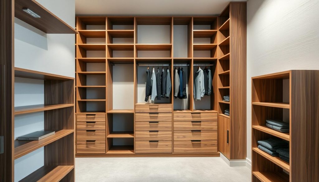 A well-crafted, bespoke wardrobe system from Kitchen Prestige, showcasing solutions-rangement-sur-mesure. In the foreground, sleek, modular shelving units in a warm walnut finish, arranged with precision to maximize storage space. In the middle ground, a series of pull-out drawers and hanging rods, allowing for customizable organization of clothing and accessories. The background features a soft, neutral-toned wall, complementing the modern, minimalist aesthetic. Subtle, directional lighting casts a gentle glow, highlighting the attention to detail and quality craftsmanship of the Kitchen Prestige system. An image that conveys the bespoke, tailored nature of this personalized wardrobe solution.