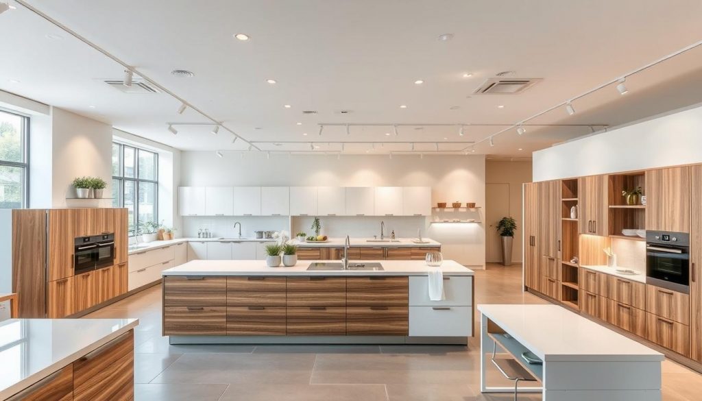 A well-lit, modern kitchen showroom in Villeurbanne, featuring the Kitchen Prestige brand. The spacious interior is filled with a variety of kitchen designs, from sleek and contemporary to more traditional styles. Carefully arranged display units showcase the high-quality craftsmanship and attention to detail of the Kitchen Prestige products. Soft, diffused lighting illuminates the room, creating a warm and inviting atmosphere. A mix of natural wood tones, clean white surfaces, and metallic accents give the space an elegant, sophisticated feel. The showroom's large windows allow natural light to flood in, highlighting the kitchen's visual appeal. An experienced sales team is on hand to guide visitors through the various options and customization possibilities.