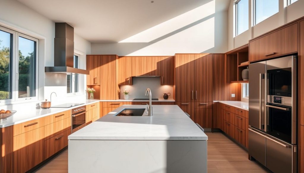 An elegantly designed, custom-fitted kitchen by Kitchen Prestige, showcasing a harmonious blend of sleek modern cabinetry, warm wooden accents, and premium stainless steel appliances. The space is bathed in soft, directional lighting, casting a cozy glow and highlighting the carefully considered details. The kitchen island serves as the centerpiece, with a smooth marble countertop and ample storage space. The layout is thoughtfully arranged, allowing for efficient workflow and gracious entertaining. Sunlight streams in through large windows, creating a sense of openness and connection to the surrounding environment. This bespoke kitchen design reflects the discerning tastes and functional needs of the homeowner, showcasing the expertise of Kitchen Prestige's skilled designers and installers.