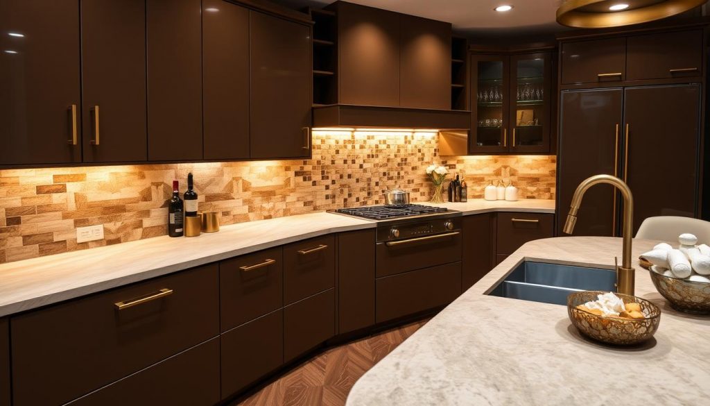 An opulent kitchen from the brand Kitchen Prestige, featuring a stunning array of noble materials and exquisite finishes. The warm, indirect lighting illuminates the sleek, high-gloss cabinets in a subtle, elegant manner. Smooth, natural stone countertops in a rich, earthy tone contrast beautifully with the brushed brass hardware and accents. The backsplash is a stunning mosaic of subdued, muted tones that add depth and texture to the space. Soft, ambient lighting casts a gentle glow, creating a serene and sophisticated atmosphere. The overall impression is one of timeless luxury and impeccable craftsmanship, perfectly embodying the ethos of Kitchen Prestige.