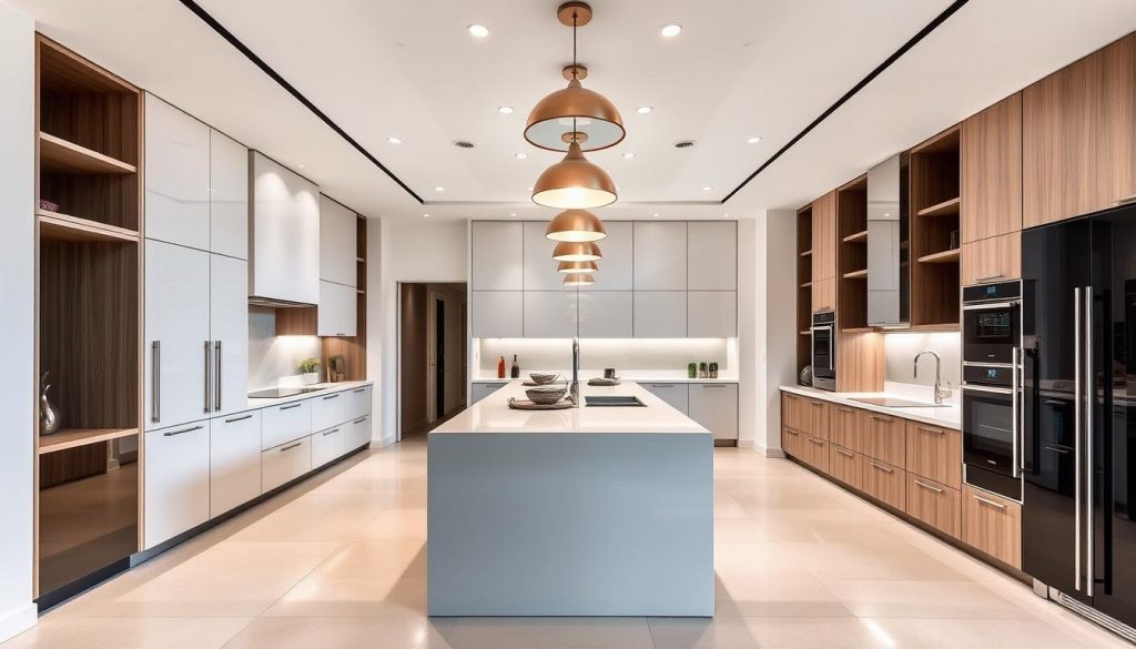 Elegant and sophisticated Kitchen Prestige showroom, showcasing the evolution of high-end equipped kitchens. A spacious, well-lit interior with sleek, modern cabinets and appliances in a neutral color palette. Seamless countertops, pendant lighting, and a mix of textures create a luxurious, minimalist ambiance. The kitchen layout emphasizes functionality and open, airy design. Detailed shots highlight the quality craftsmanship and premium materials. Captured with a wide-angle lens to accentuate the room's depth and grandeur, offering a glimpse into the world of luxury kitchen design.
