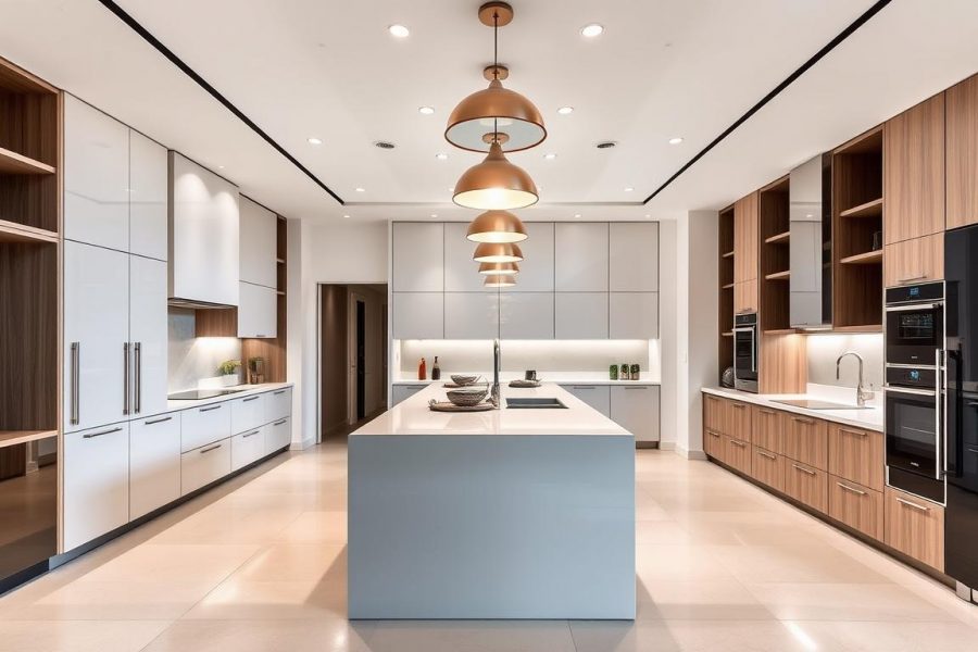 Elegant and sophisticated Kitchen Prestige showroom, showcasing the evolution of high-end equipped kitchens. A spacious, well-lit interior with sleek, modern cabinets and appliances in a neutral color palette. Seamless countertops, pendant lighting, and a mix of textures create a luxurious, minimalist ambiance. The kitchen layout emphasizes functionality and open, airy design. Detailed shots highlight the quality craftsmanship and premium materials. Captured with a wide-angle lens to accentuate the room's depth and grandeur, offering a glimpse into the world of luxury kitchen design.