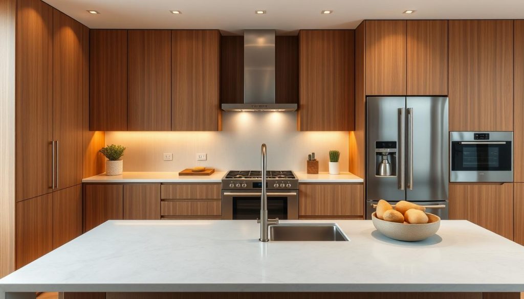 Elegant and sustainable Kitchen Prestige design featuring noble materials and innovative technologies. A sleek, modern kitchen with a warm, natural color palette. Smooth, matte surfaces in premium hardwoods and soapstone complement precision-engineered stainless steel appliances. Soft, diffused lighting from minimalist fixtures illuminates the space. The composition emphasizes clean lines, symmetry, and carefully curated details that convey a sense of timeless luxury and environmental responsibility.
