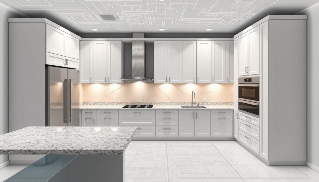 Intricate 3D blueprint of a custom-designed modern kitchen, crafted with precision and attention to detail. Sleek, minimalist cabinetry in a neutral palette, complemented by polished granite countertops and stainless steel appliances. Soft, directional lighting illuminates the space, creating a warm, inviting atmosphere. The layout is expertly planned, maximizing functionality and flow. Rendered with exceptional clarity, this digital representation showcases the capabilities of Kitchen Prestige's 3D kitchen design service.