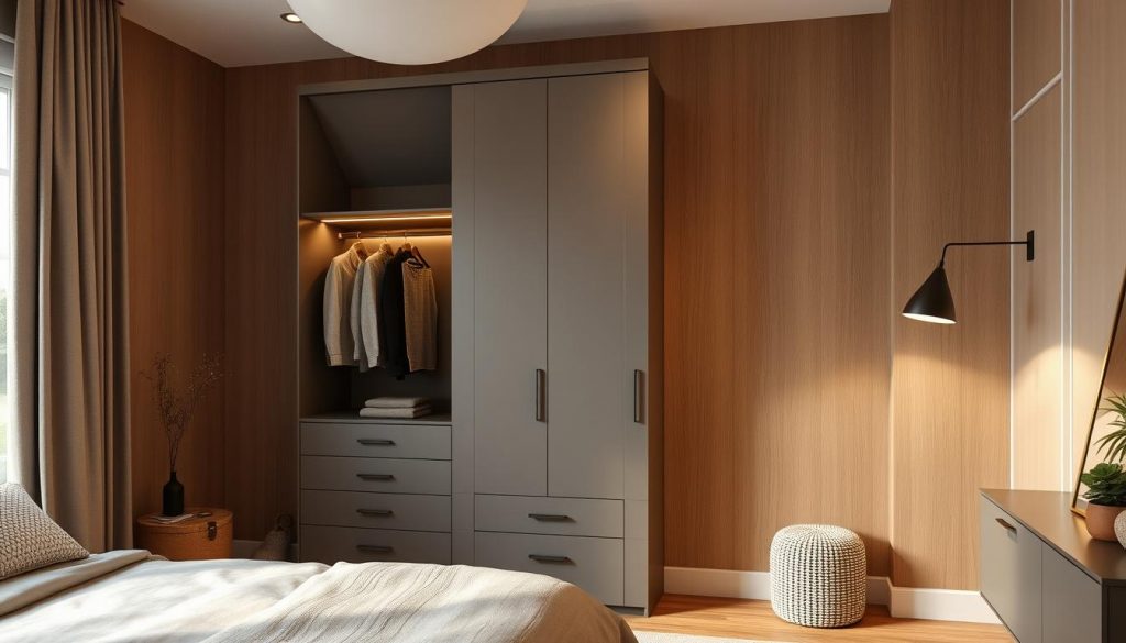 Prompt A custom-made armoire with adjustable shelves by Kitchen Prestige, set against a warm, inviting backdrop. The armoire features a minimalist, sleek design with clean lines and a matte finish, perfectly integrated into a stylish bedroom or dressing room. Soft, indirect lighting from above casts a gentle glow, highlighting the armoire's elegant silhouette. The armoire is positioned within a cozy, modern space, with a neutral color palette and natural textures adding depth and visual interest. The composition emphasizes the armoire's streamlined form and versatility, showcasing its potential as a practical and visually appealing storage solution for a personalized, custom-designed dressing space.