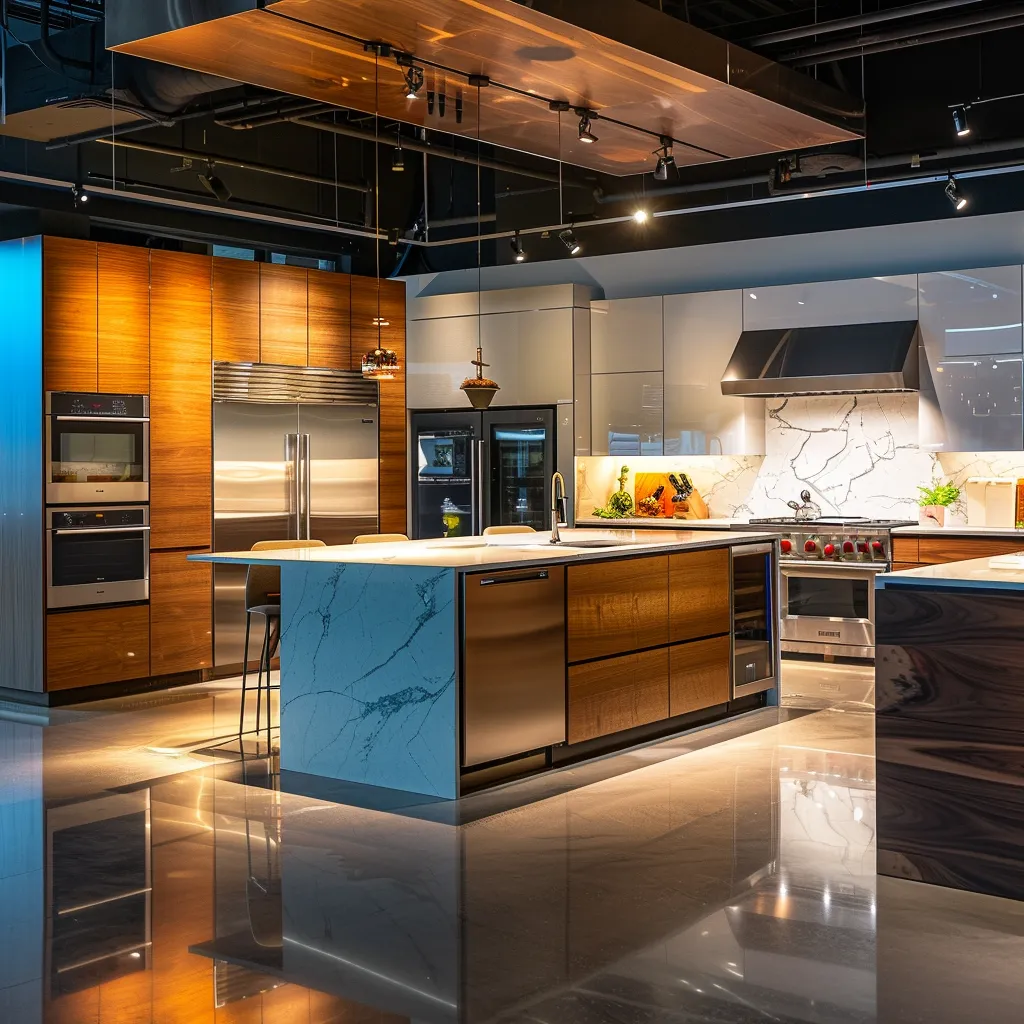 a modern kitchen showroom showcases an elegant array of sleek cabinetry and innovative appliances, illuminated by bright, focused lighting that accentuates the high-end materials, emphasizing the diverse pricing options available for luxury culinary spaces.